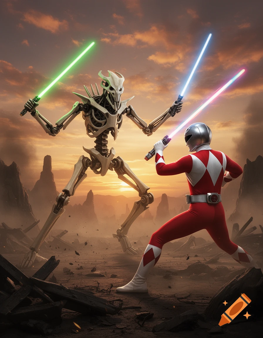 General Grievous, a skeletal robot, wields green lightsabers against a Red Power Ranger holding blue and pink lightsabers in a desert sunset battle.