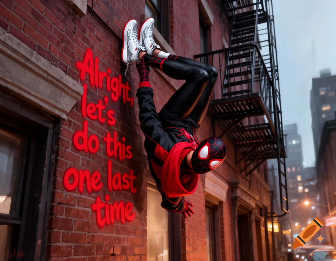 Miles Morales as Spider-Man hangs upside down on a brick building in New York City with the text 'Alright, let's do this one last time' painted in red.