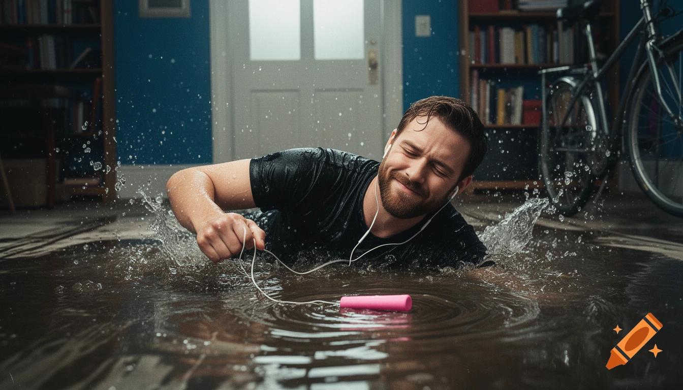 A man with a beard and earphones sprawls in a flooded room, splashing water around a pink baton. He looks embarrassed.