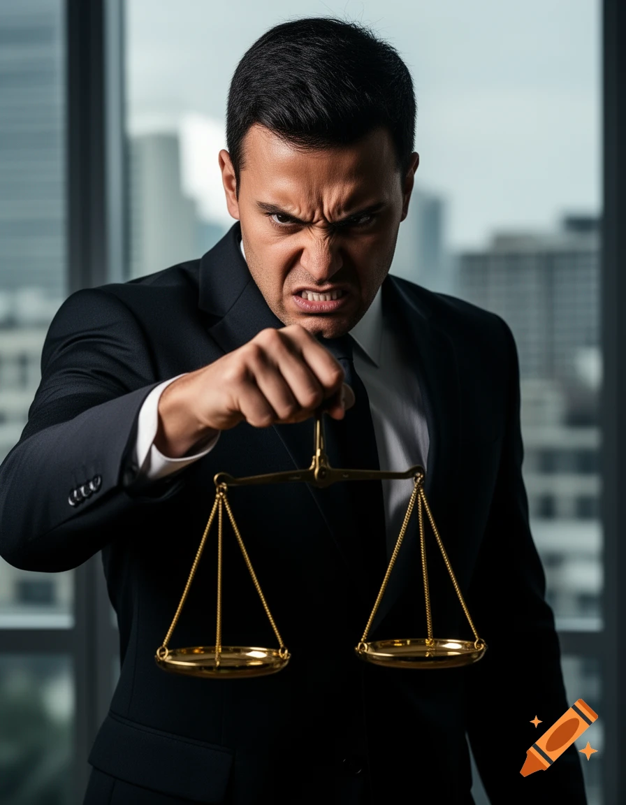 An angry man in a dark suit tightly holds the golden scales of justice, looking intensely at the viewer in an office setting.