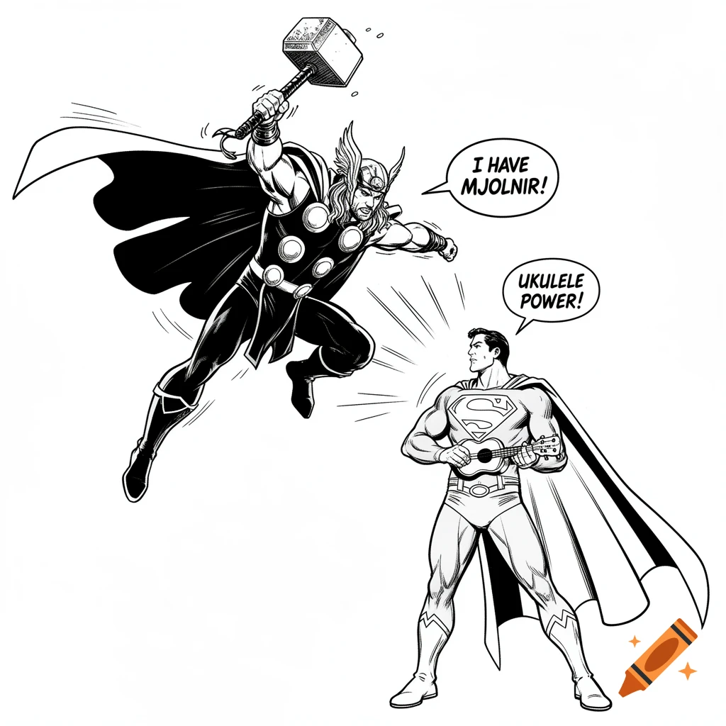 Black and white comic art of Thor, with his hammer Mjolnir, attacking Superman, who holds a ukulele, with speech bubbles.