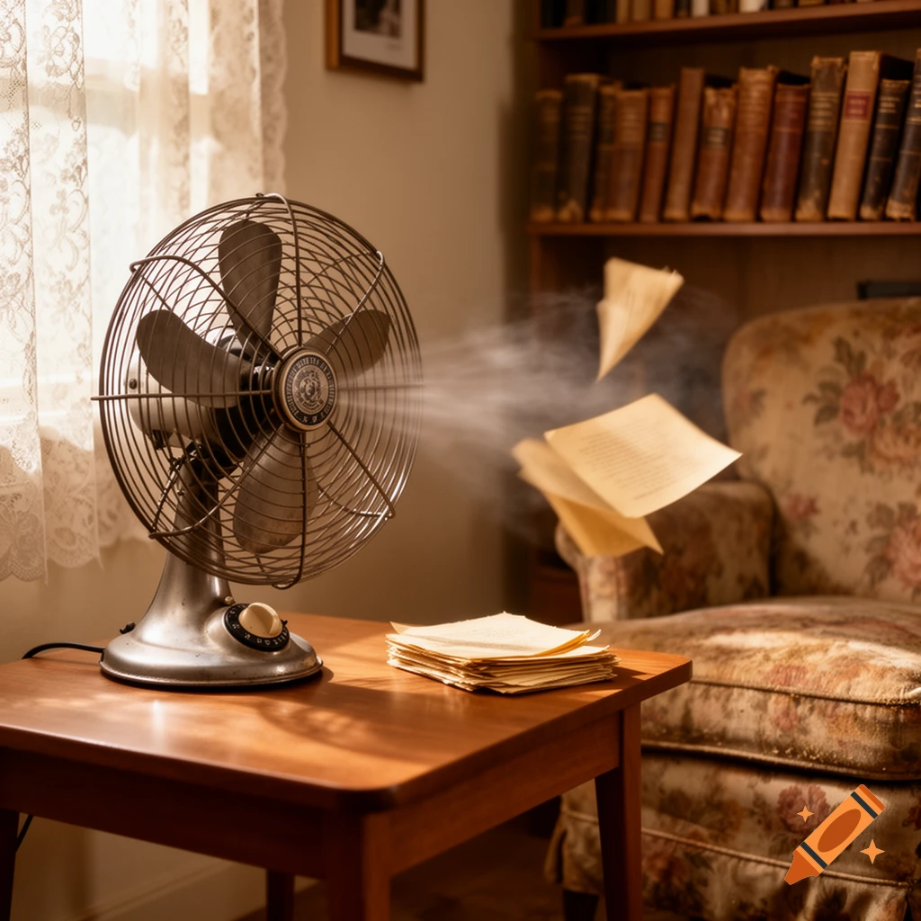 A vintage metal fan on a wooden table blows air, scattering papers in a sunlit room with a bookshelf and floral armchair in the background.