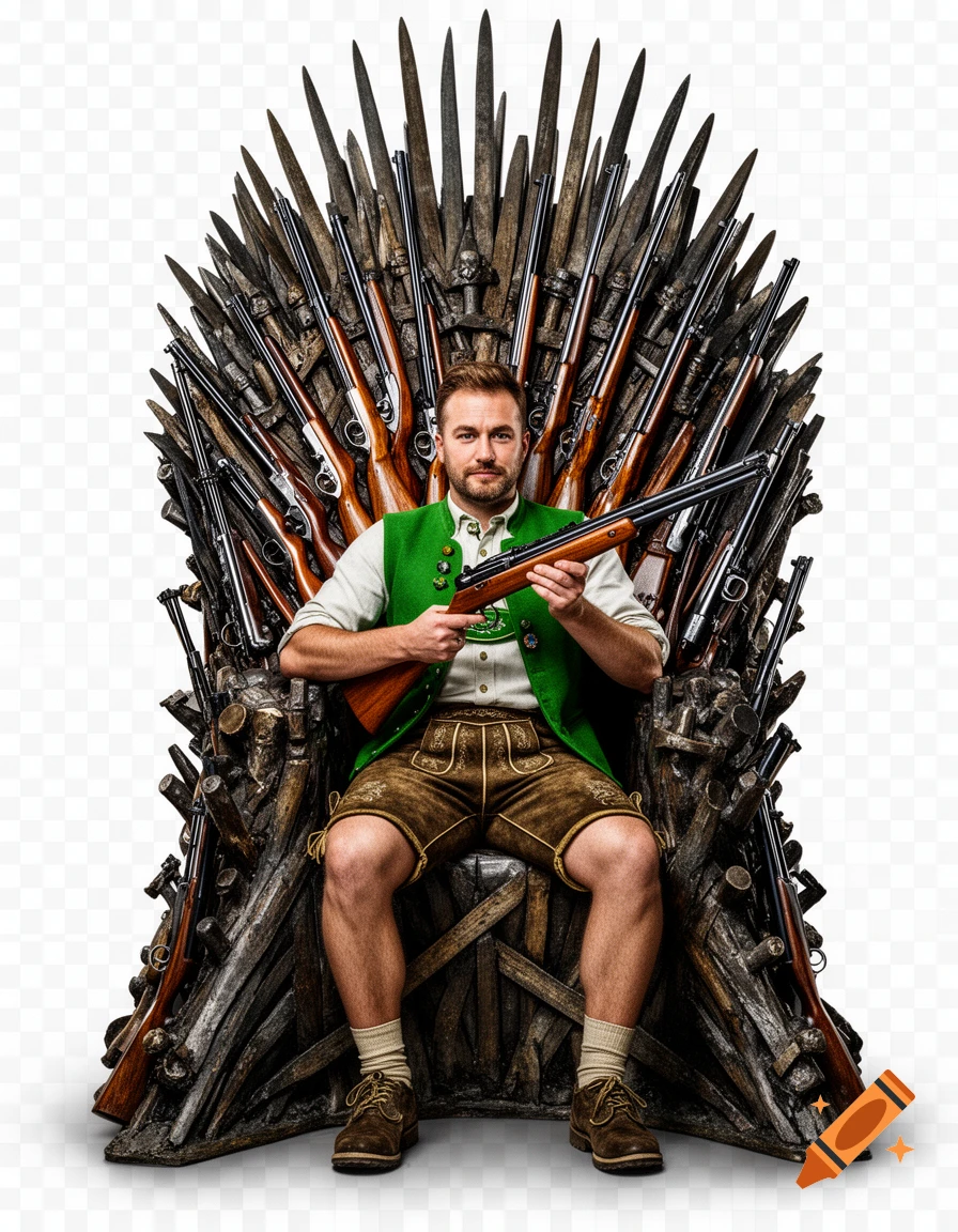 A man in traditional green vest and lederhosen sits on an iron throne made of rifles, holding a rifle across his lap.