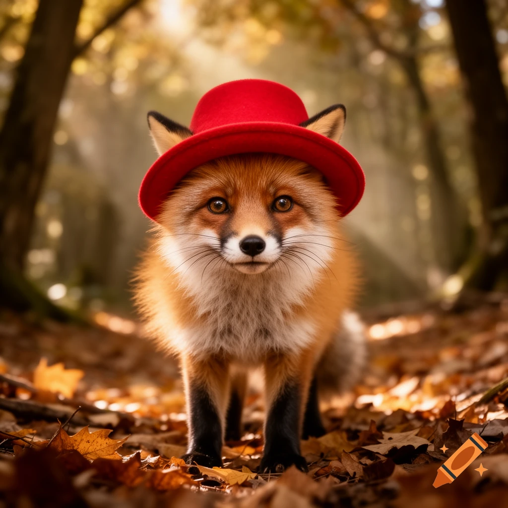 A cute fox wearing a red hat stands in a sunlit autumn forest, surrounded by fallen leaves.