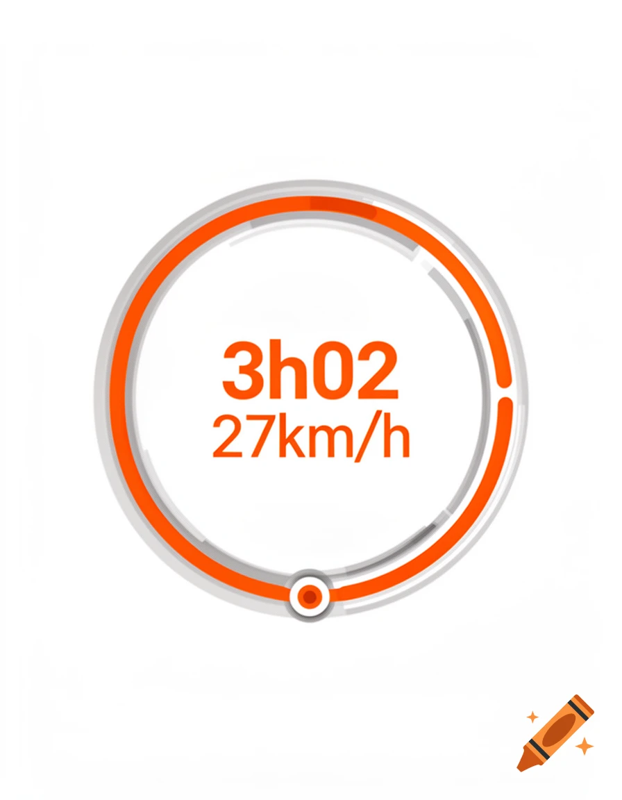A circular sports tracking interface showing 3h02 and 27km/h in orange text within a grey and orange ring.