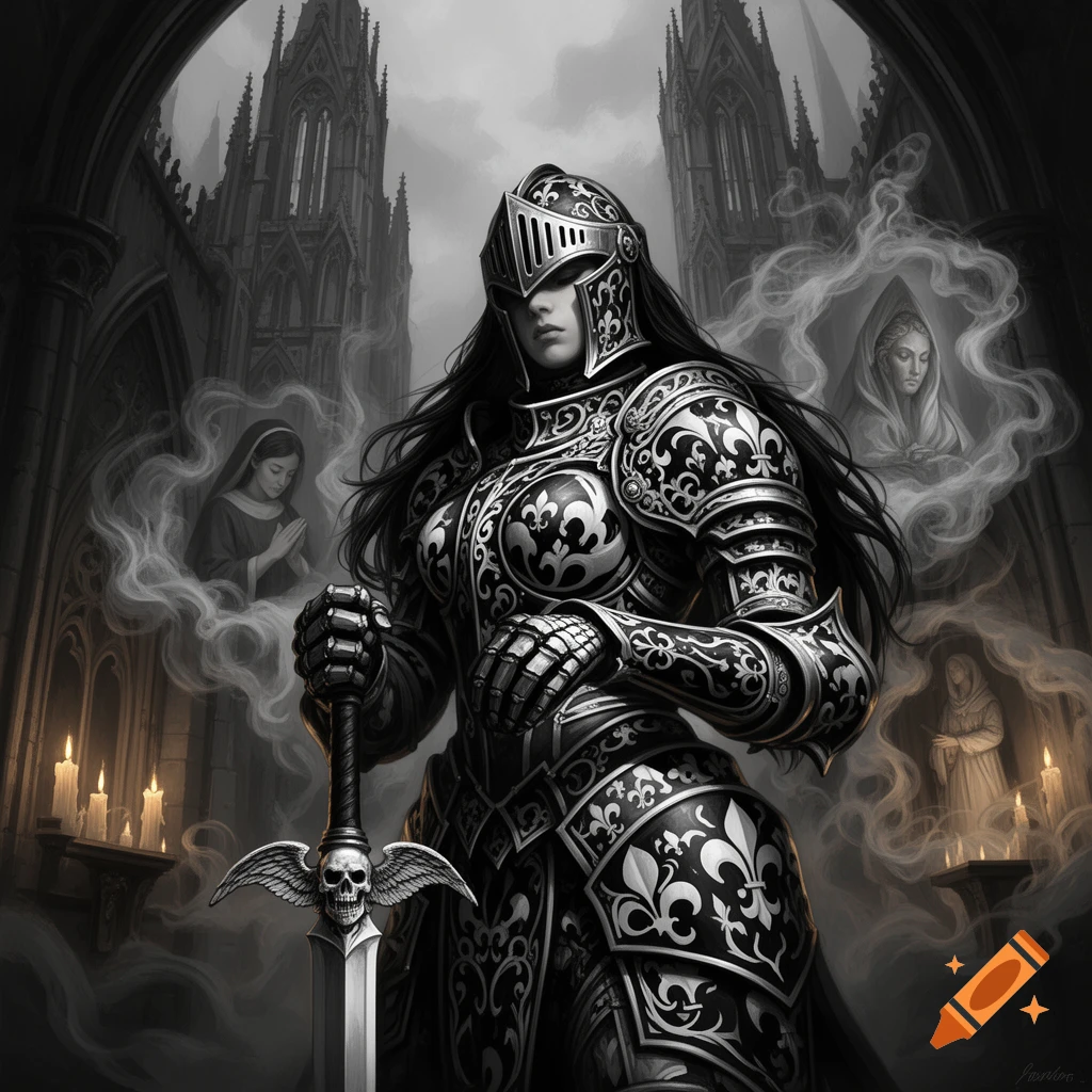 A female knight in ornate baroque armor holds a winged-skull sword in a dark gothic cathedral with ethereal praying figures and candles.