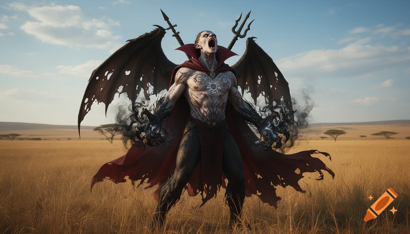 Muscular, pale-skinned vampiric creature with tattered wings and smoky black claws, roaring in a golden savannah under a cloudy sky.