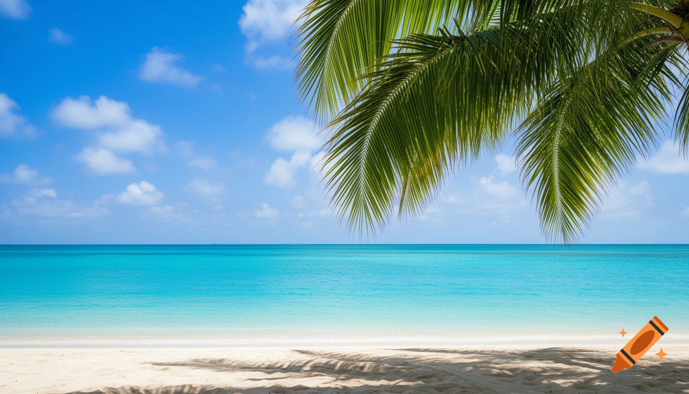Photorealistic view of a tropical beach with turquoise ocean, white sand, and palm fronds hanging from the top.
