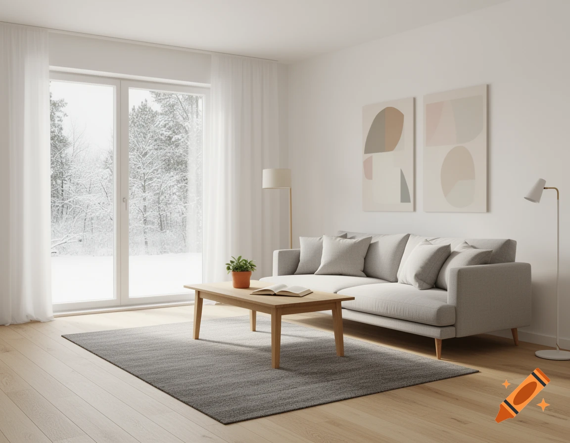 A modern Scandinavian living room with a gray sofa, wooden coffee table, and large window overlooking a snowy landscape.