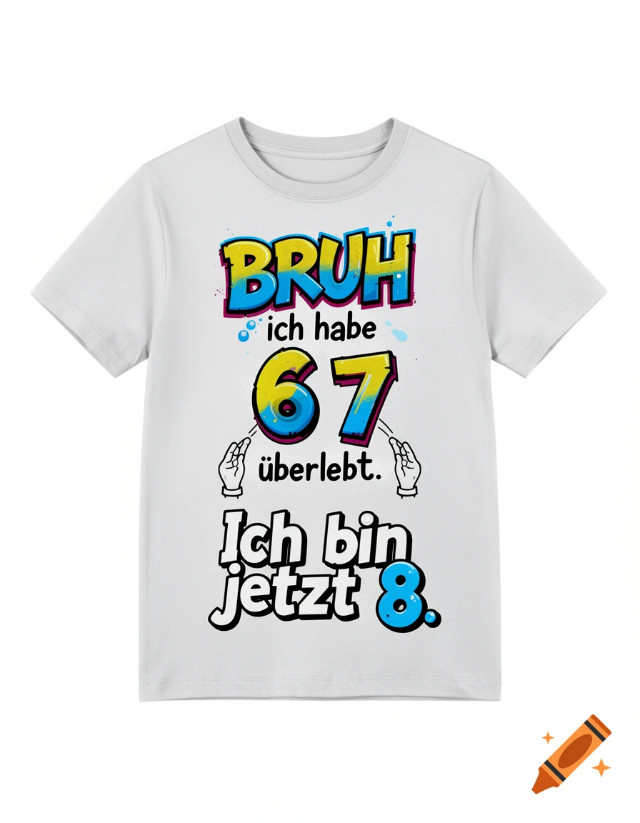 White T-shirt with a colorful, graffiti-style design that reads 'BRUH ich habe 67 überlebt. Ich bin jetzt 8.' with juggling hands.