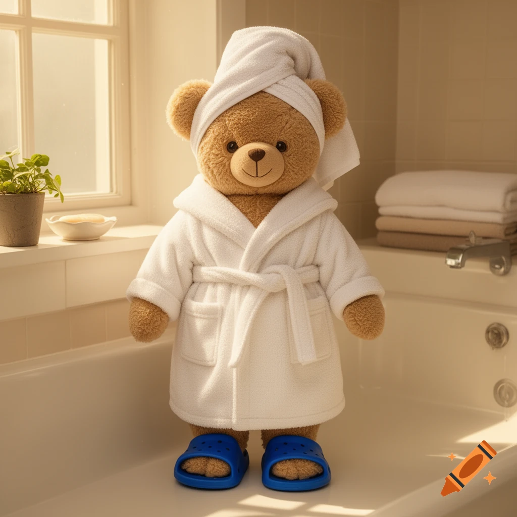 A teddy bear wearing a white bathrobe, a white hair towel, and blue plastic sandals stands in a bathtub in a brightly lit bathroom.
