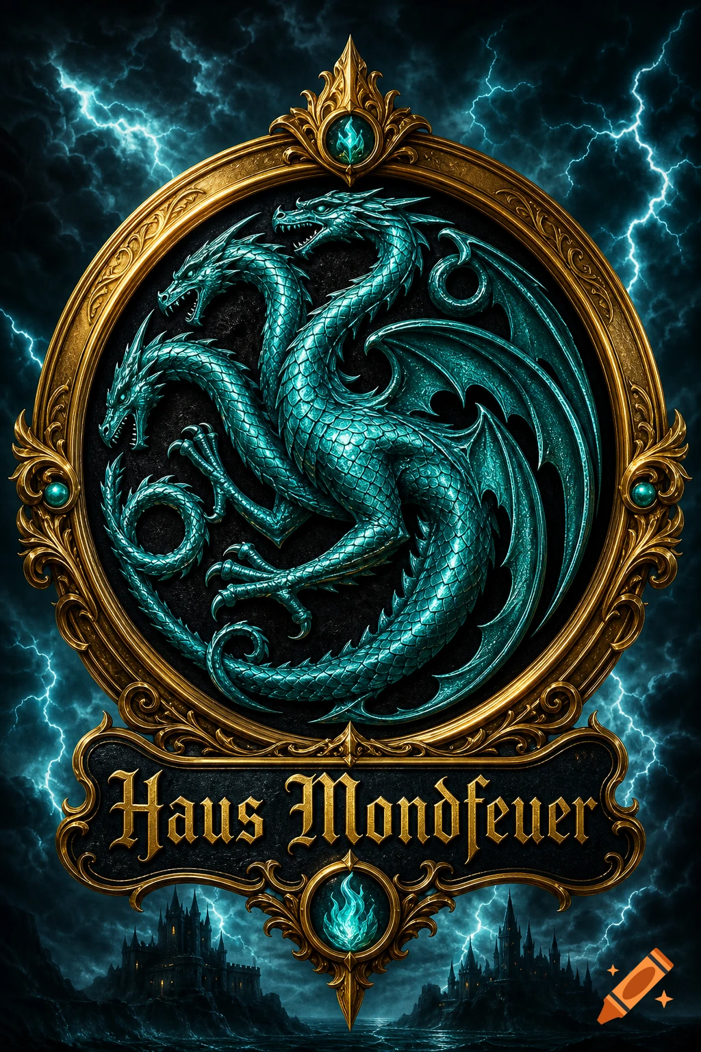 An ornate golden emblem featuring a three-headed teal dragon, set against a stormy sky with lightning and distant castles. A banner below reads 'Haus Mondfeuer'.