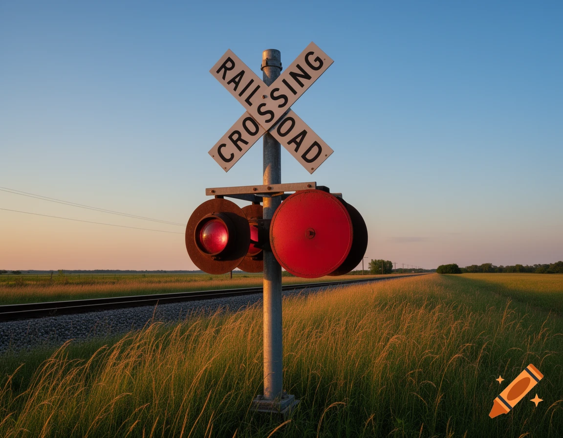 A railroad crossing signal with red lights against a sunset sky and tracks stretching through a field.