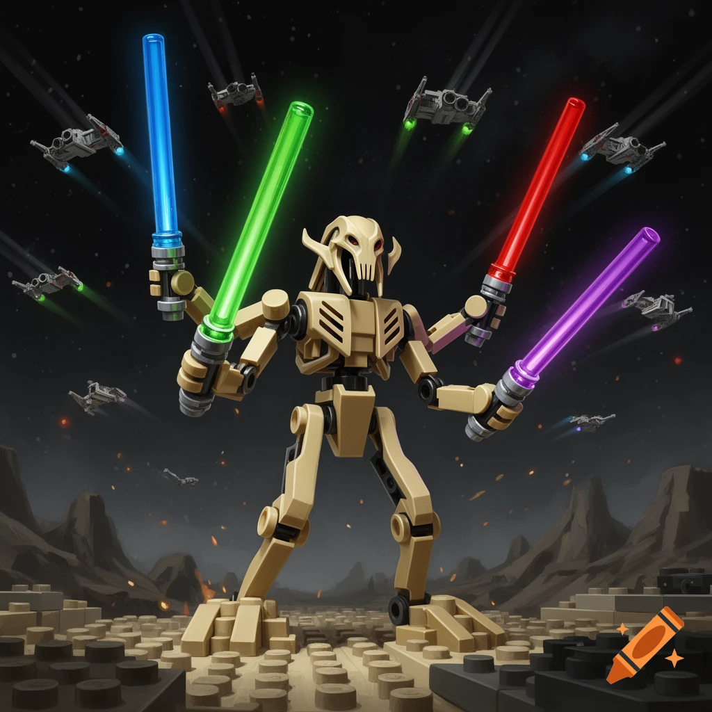 Lego General Grievous stands on a Lego landscape, holding four illuminated lightsabers, with Lego starships flying in the dark sky.