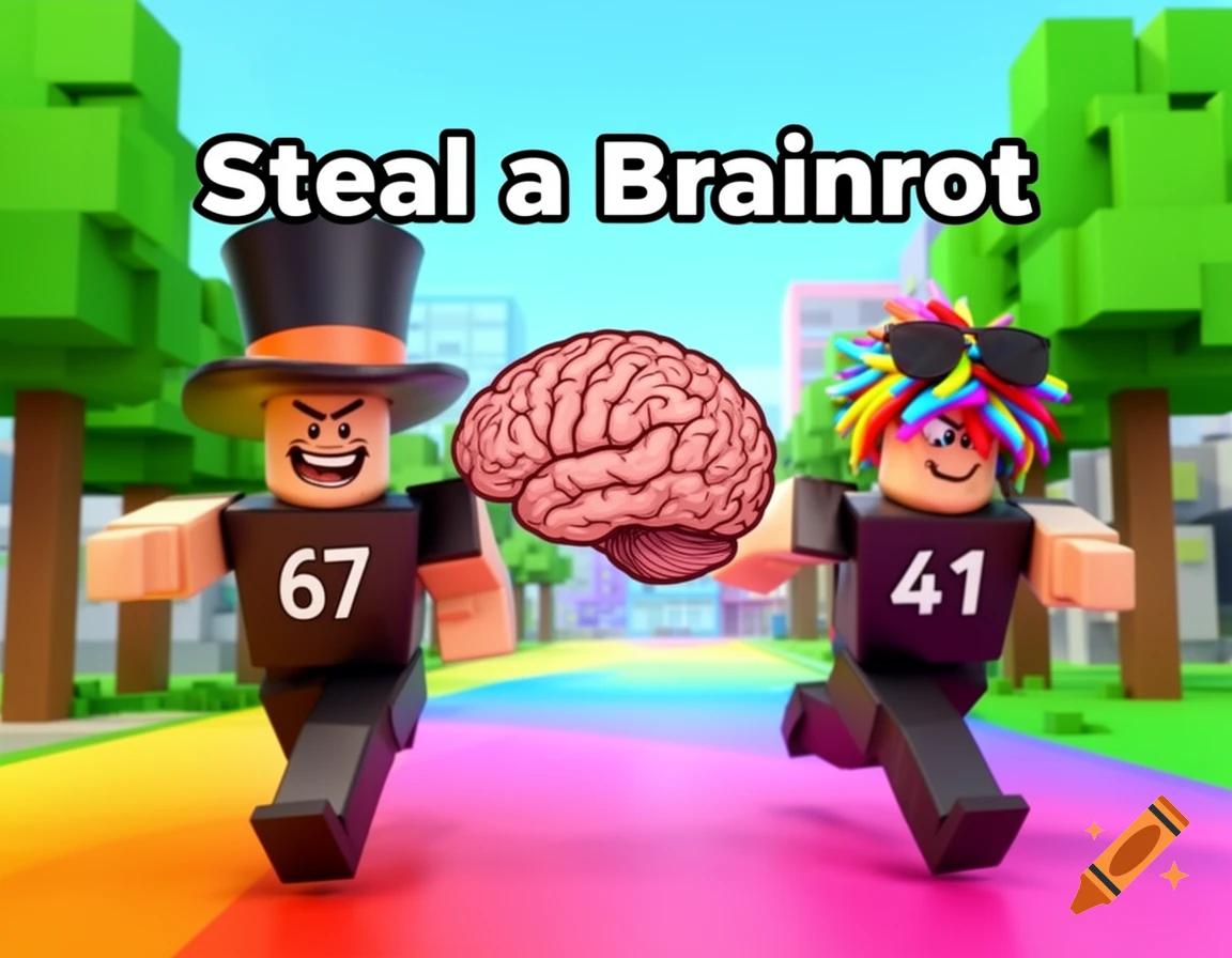 Roblox characters 67 and 41 run on a rainbow path, with a brain floating between them. Text: Steal a Brainrot.