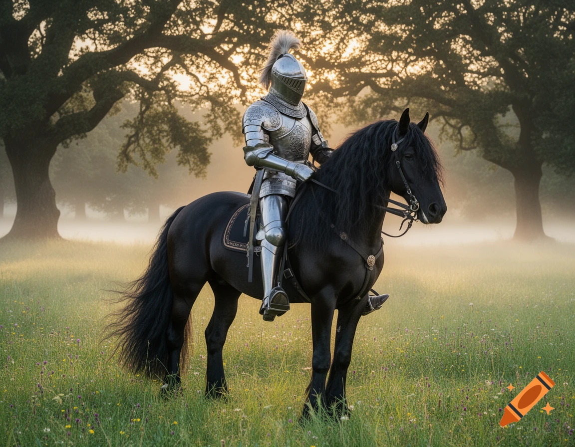 A knight in shining armor sits atop a majestic black horse in a misty, sunlit meadow with large trees in the background. Photorealistic.