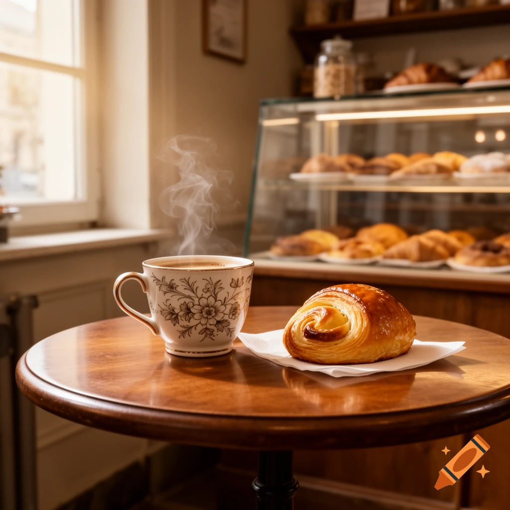 Steaming coffee cup and golden pastry on a wooden table in a sunlit bakery, with display cases in the background.