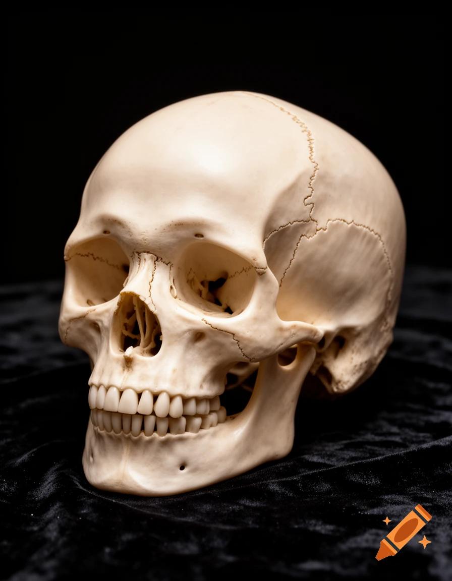 A detailed view of a human skull model in three-quarters profile against a black velvet background.