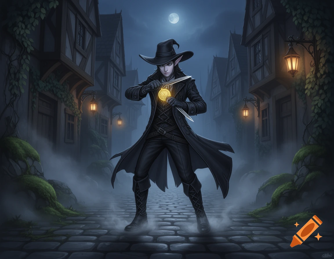 Illustration of an elf rogue in a dark coat and hat, holding a dagger and a glowing medallion on a foggy street in a fantasy town.