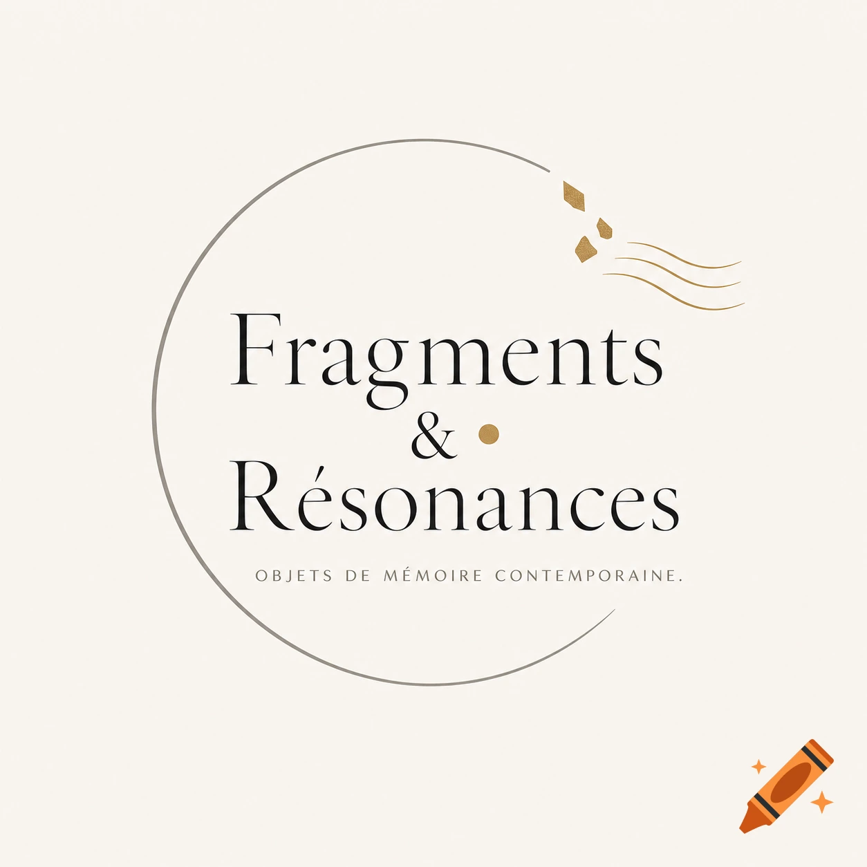A minimalist logo with the text "Fragments & Résonances" in elegant serif font and "OBJETS DE MÉMOIRE CONTEMPORAINE" below, encircled by an incomplete gray ring with abstract gold fragments and wavy lines at the top right, all on an off-white background.