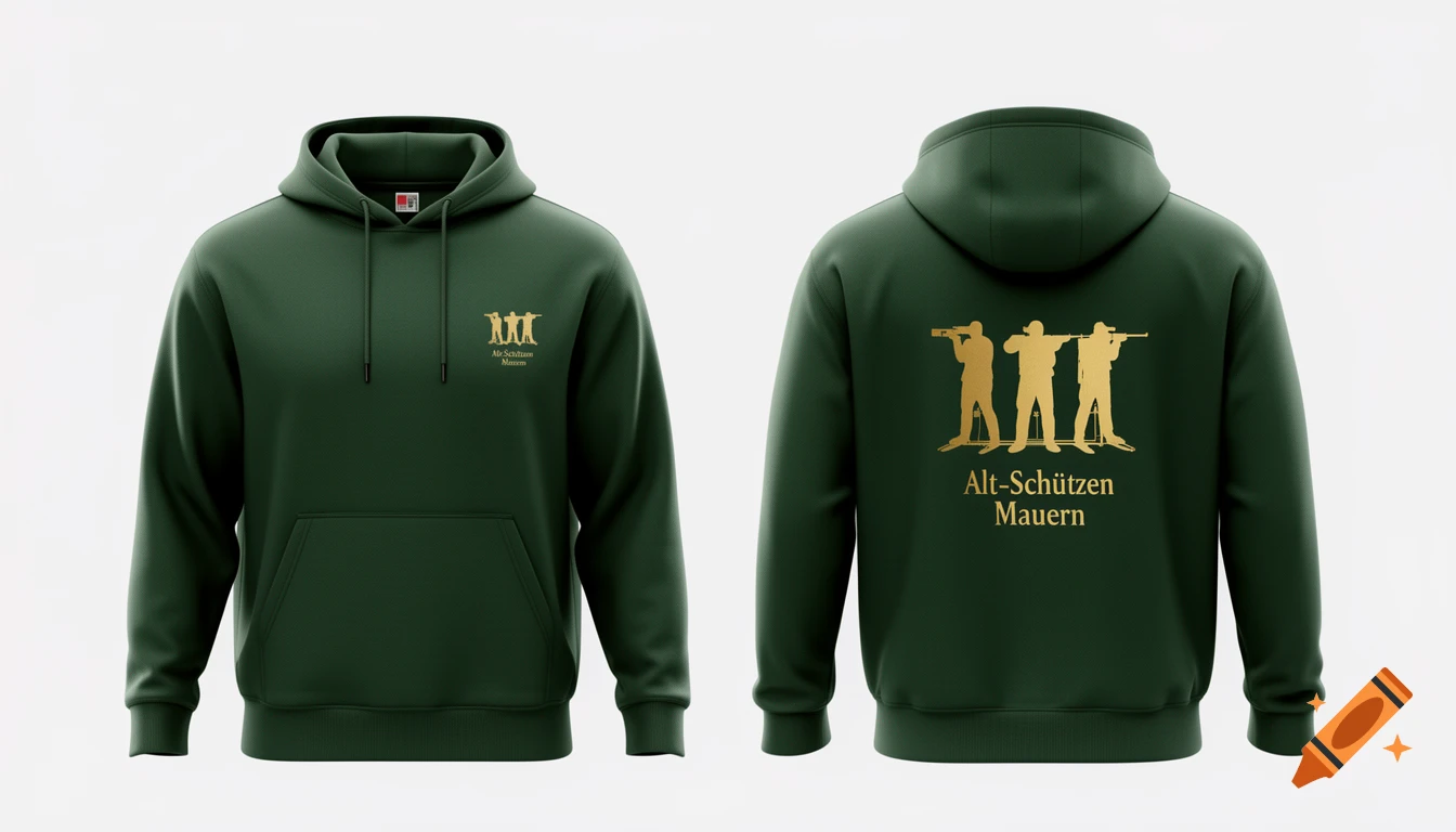 Front and back view of a dark green hoodie with gold shooting sport silhouettes and 'Alt-Schützen Mauern' text on a light background.