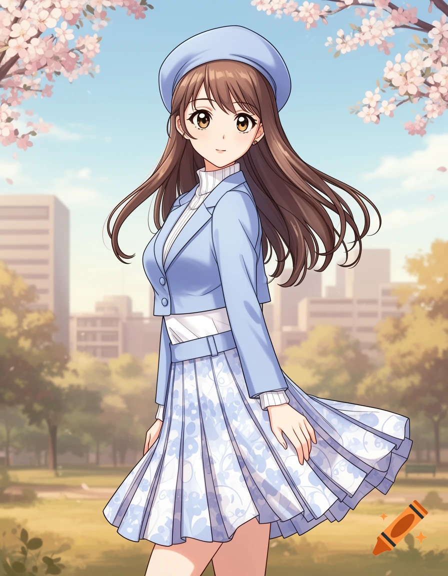 Anime girl in a light blue blazer, pleated skirt, and beret, standing under cherry blossoms with buildings in the background.