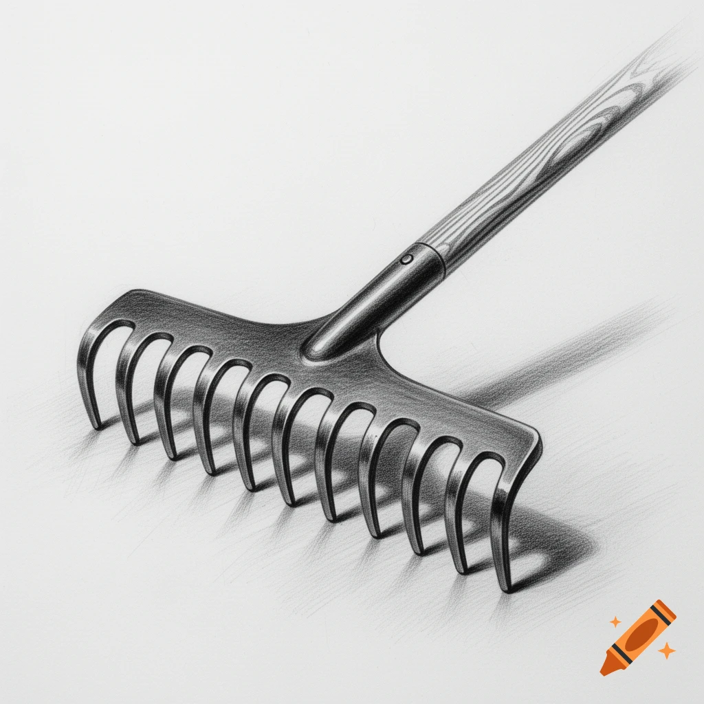 A detailed pencil drawing of a rake with a wooden handle and metal head, casting shadows on a white background.
