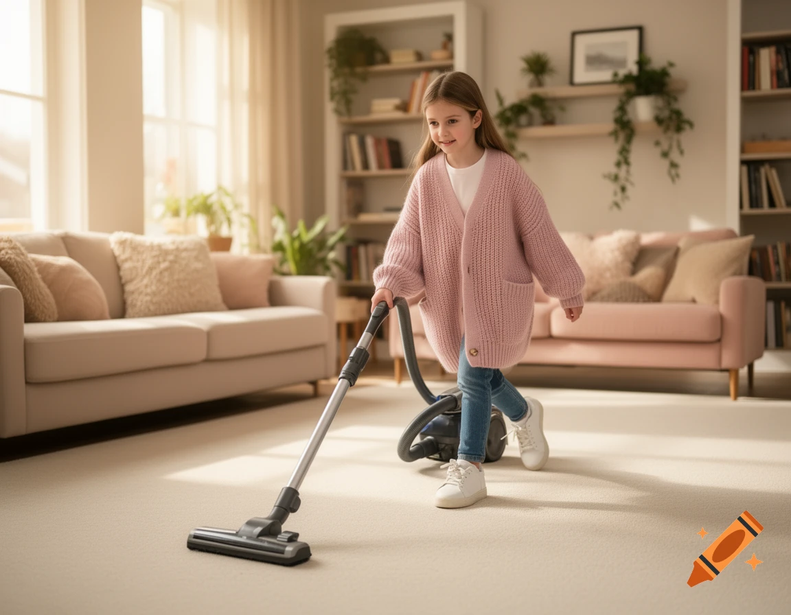 A young girl in a pink cardigan vacuums a carpeted living room bathed in sunlight.