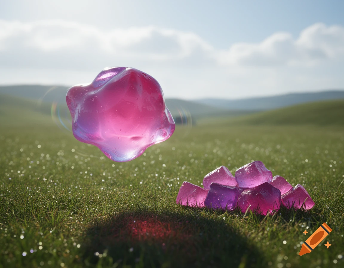 A translucent, pink, jiggly blob floats over dew-covered green grass with a pile of purple chunks nearby under a clear sky.