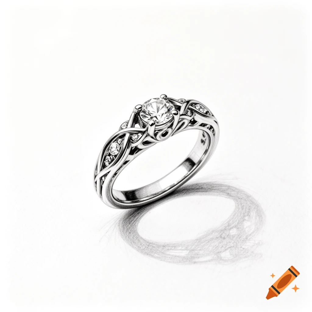 Detailed black and white pencil sketch of an ornate diamond engagement ring on a white background.