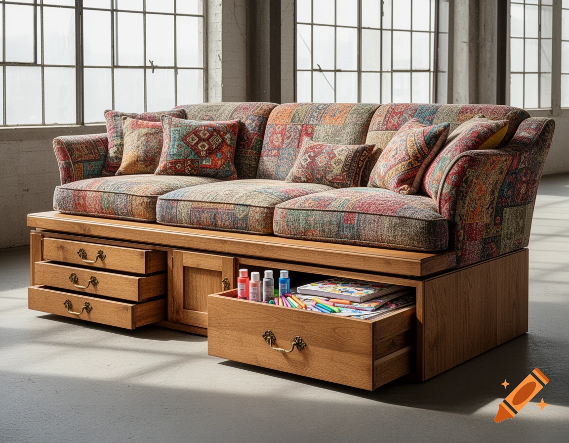A colorful patchwork sofa with wooden drawers and a cabinet underneath, filled with art supplies, against a large window.