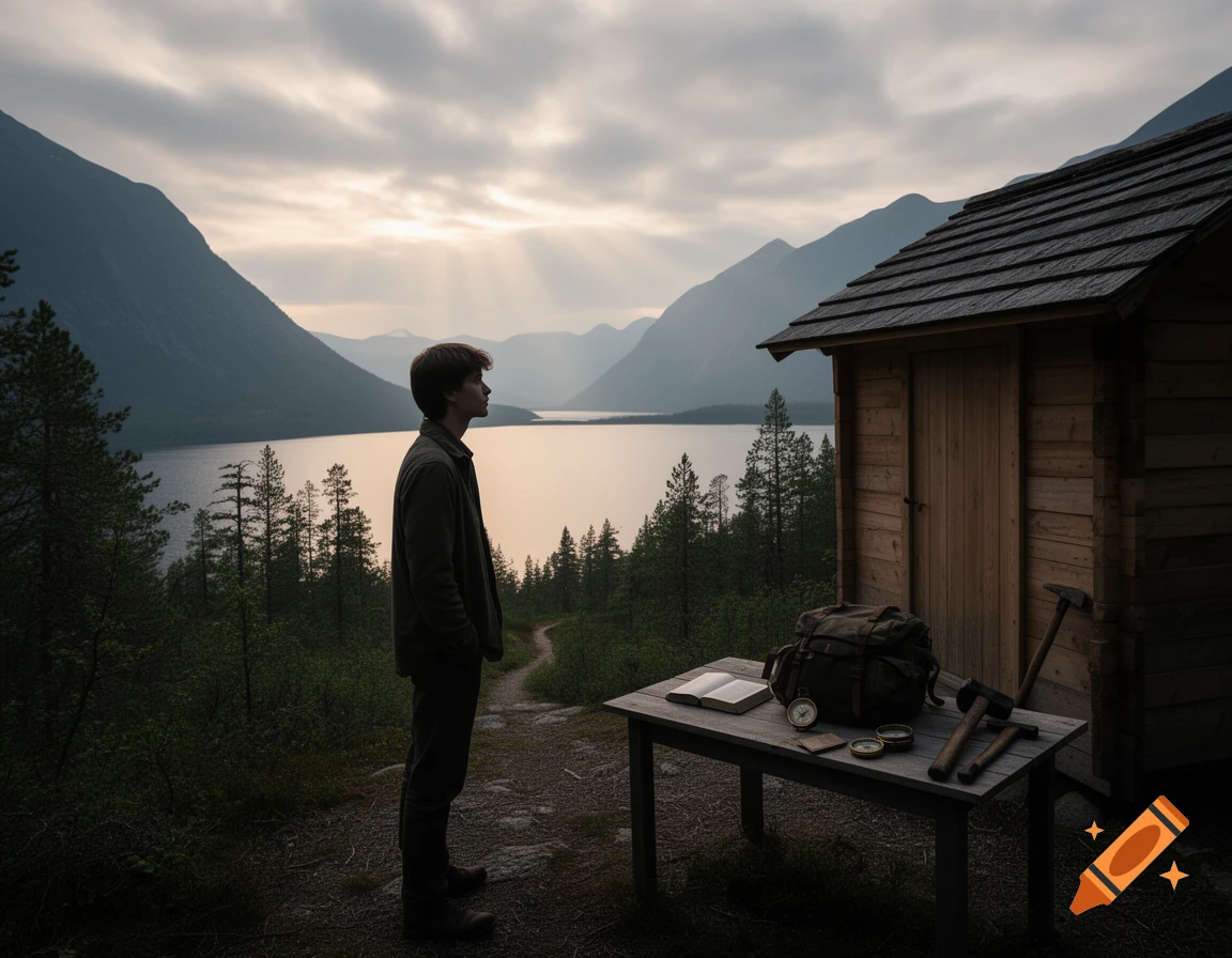 A pensive young man stands facing a vast lake and mountains at sunrise, next to a wooden cabin. A table holds a backpack, open book, compass, and tools.