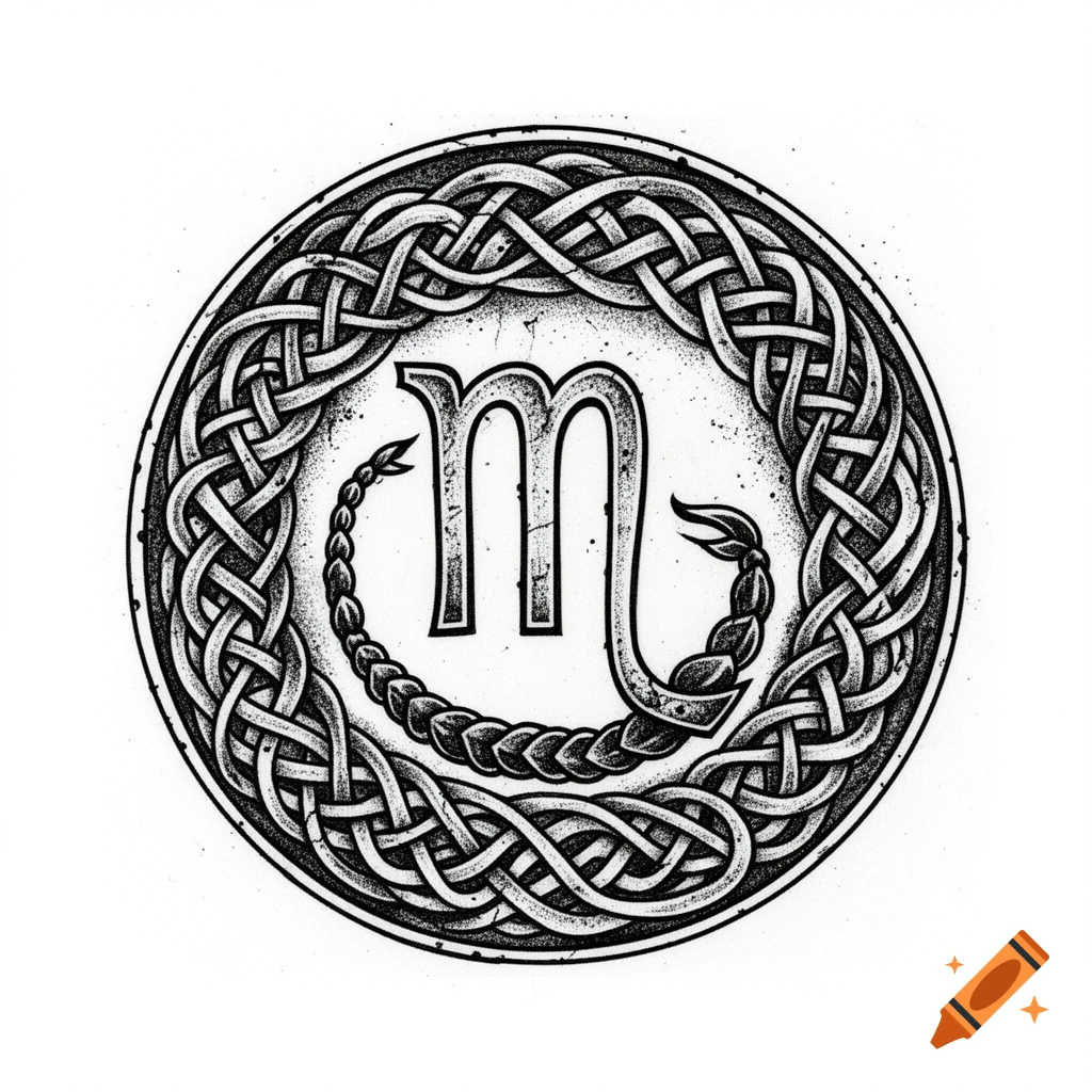 Black and white illustration of a circular Celtic knot surrounding the Scorpio zodiac symbol.