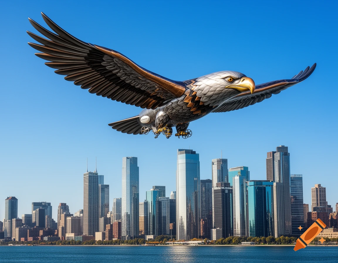 A giant metallic eagle with brown and silver wings flies high above a sprawling city skyline and a large body of water under a clear blue sky.