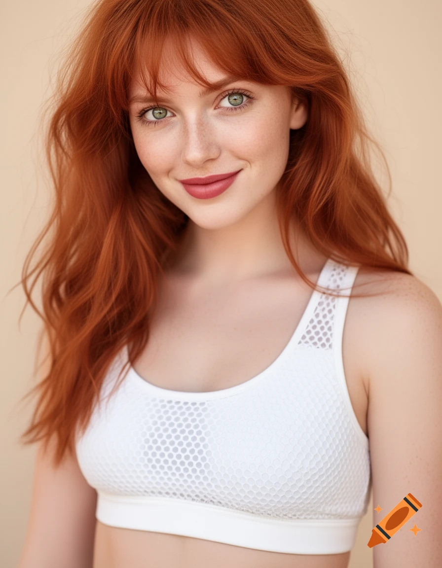 Photorealistic portrait of a smiling young woman with long red hair, green eyes, and freckles, wearing a white sports bralette.