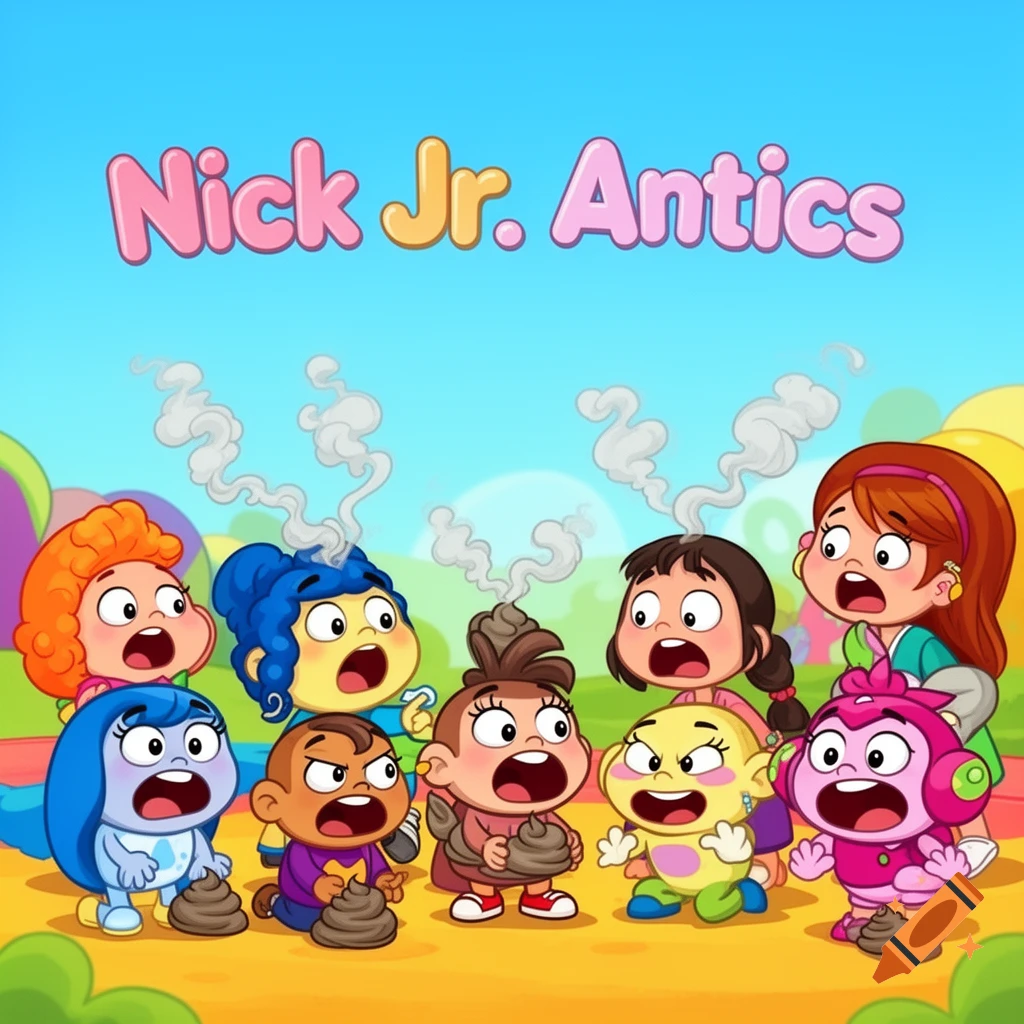 A colorful cartoon image showing a group of various animated children looking surprised, standing around piles of smoking feces on the ground. The title 'Nick Jr. Antics' is at the top.