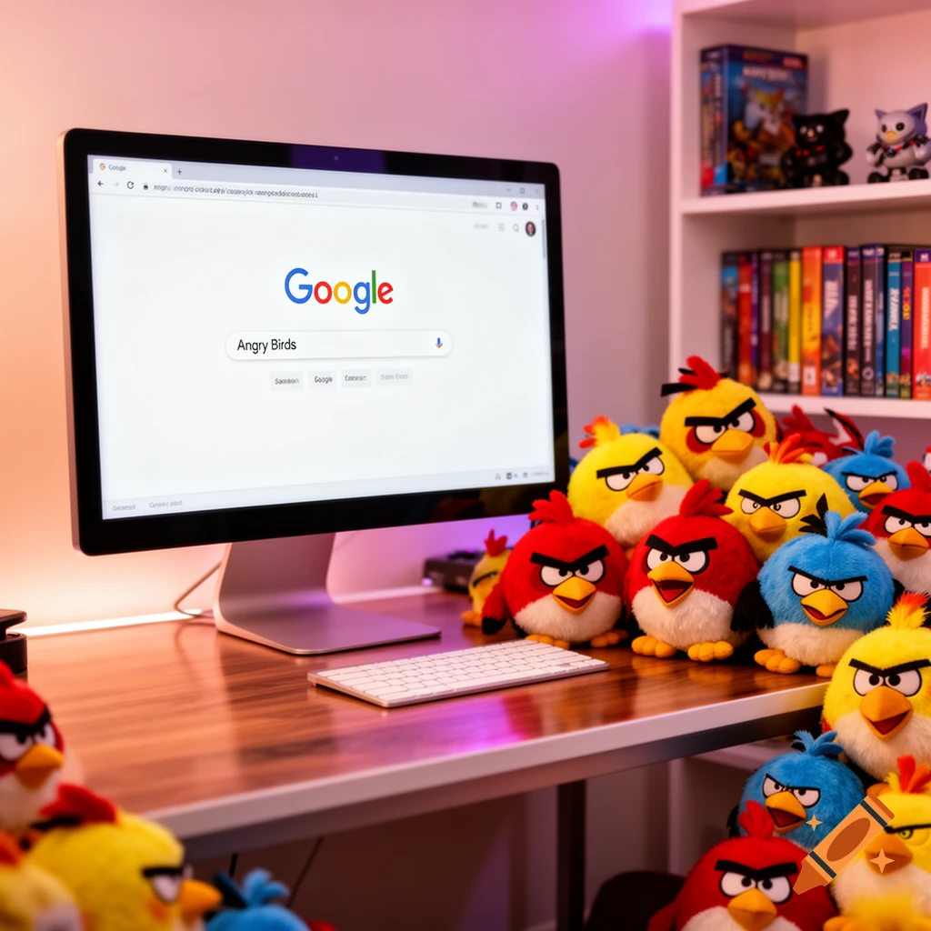A computer monitor displays a Google search for 'Angry Birds', surrounded by numerous Angry Birds plush toys on a desk, with a bookshelf in the background.