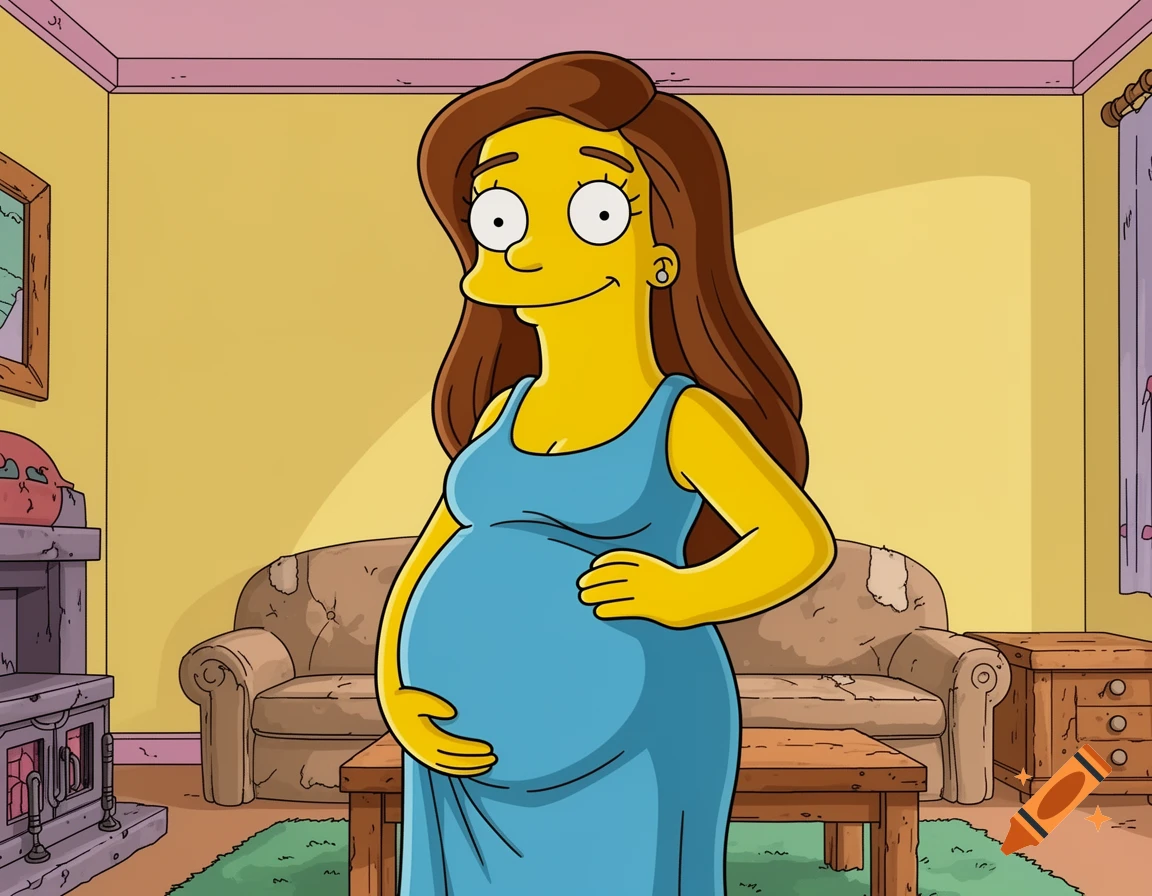 A pregnant woman with brown hair and yellow skin wears a blue dress in The Simpsons cartoon style, standing in a living room.