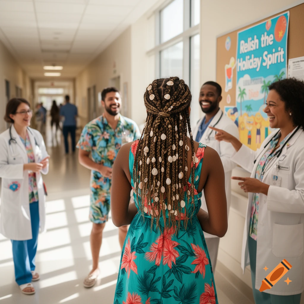 Doctors and patients in holiday attire laugh in a brightly lit hospital hallway, with a 'Relish the Holiday Spirit' poster visible.