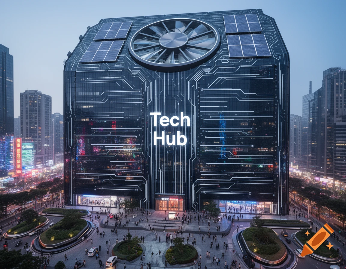 A futuristic, dark building designed like a computer circuit board, displaying 'Tech Hub' text, solar panels, and a large fan, in a busy city.