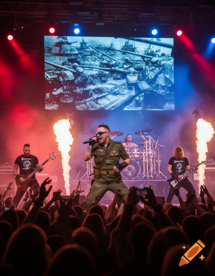 A heavy metal band, Sabaton, performs on a stage with fire effects, a screen displaying tanks, and a crowd of fans.