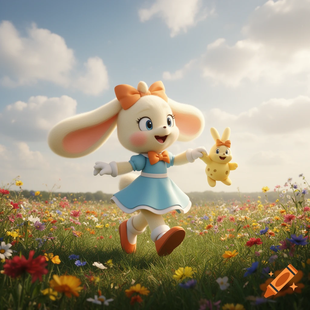 A cute 3D cartoon rabbit in a blue dress skips through a field of colorful wildflowers, holding a small yellow bunny doll.