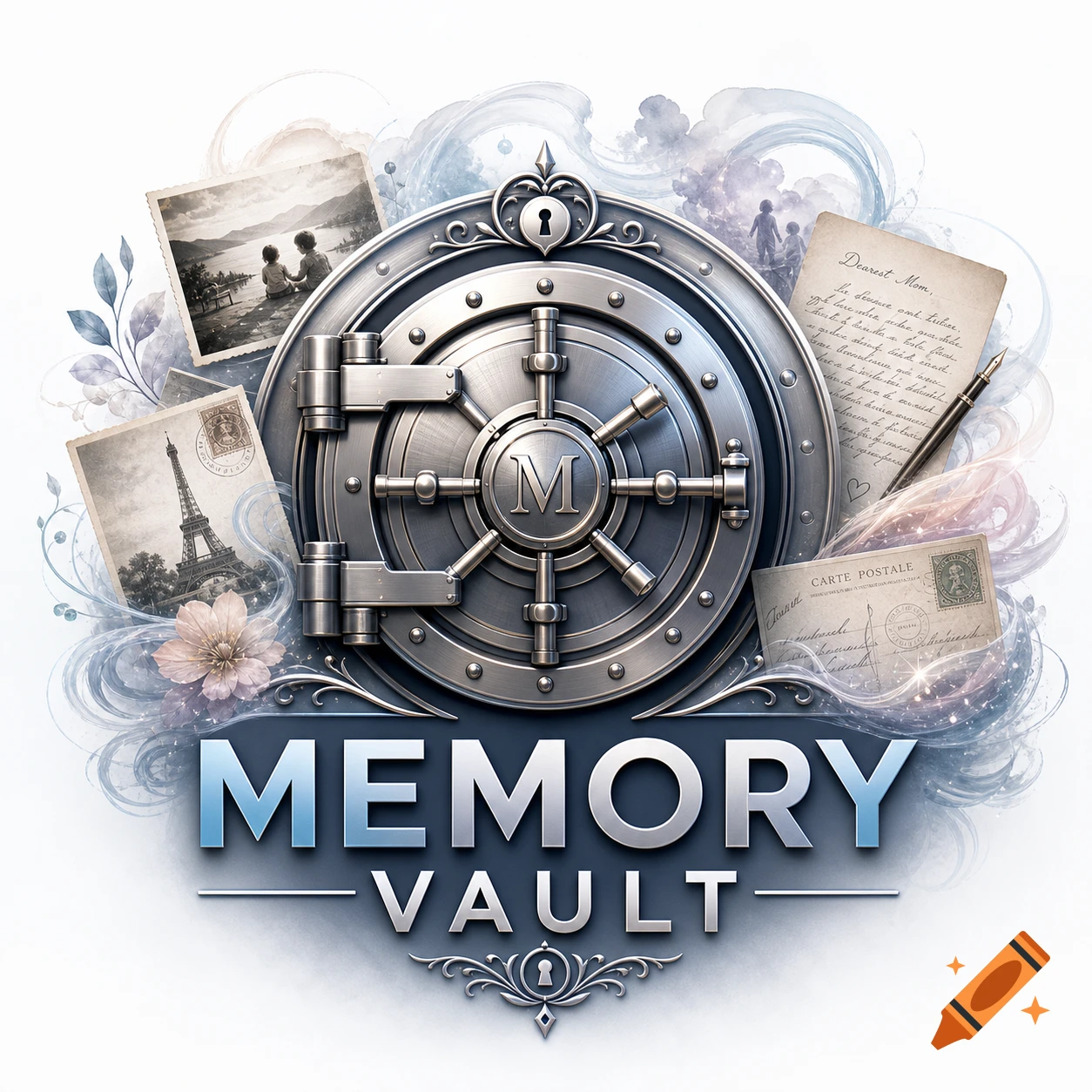 A stylized logo for 'Memory Vault' featuring a metallic safe door with an 'M', surrounded by vintage photos, letters, and ethereal swirls.
