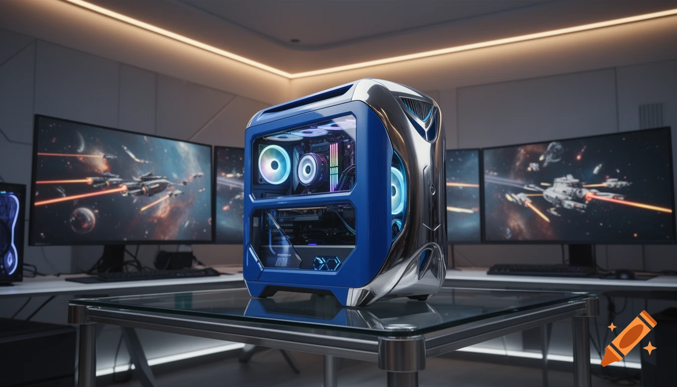 A futuristic blue and chrome gaming PC with RGB lighting sits on a glass table, surrounded by multiple monitors displaying space battles.