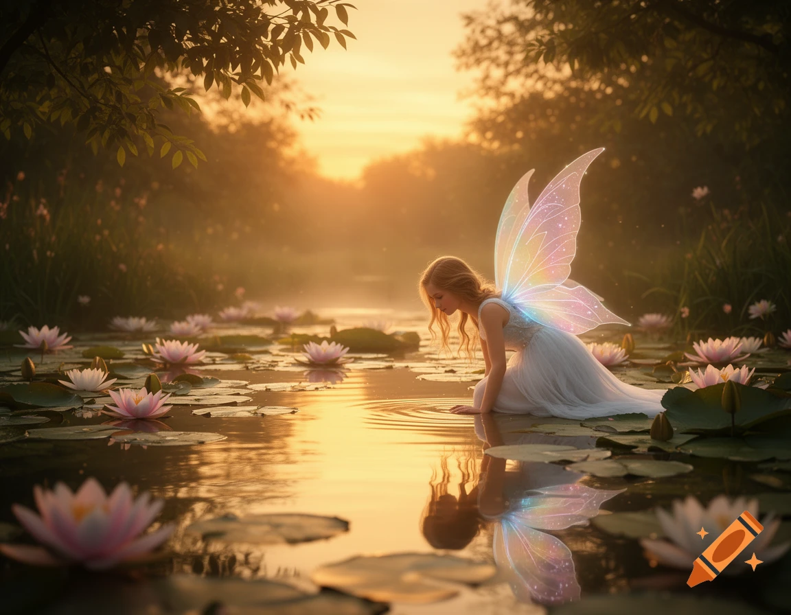 A young fairy with glowing wings kneels by a lily pond, reflecting in the golden sunset light.