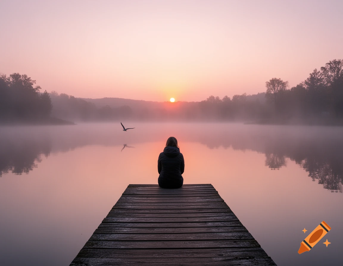 Person on a wooden pier overlooking a foggy lake at sunrise, with a bird flying over the water. Photorealistic.