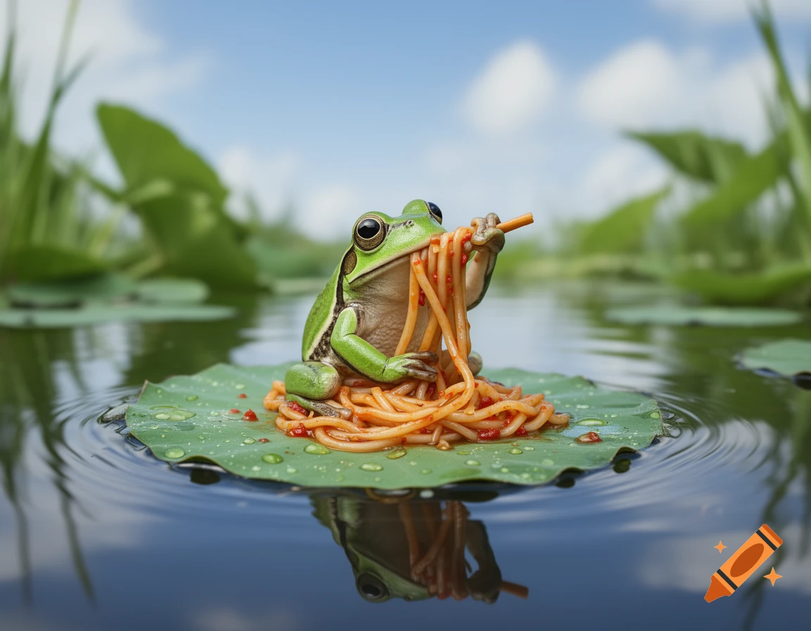 A green frog sits on a lily pad in a pond, holding and eating a pile of spaghetti noodles with a stick. Photorealistic.