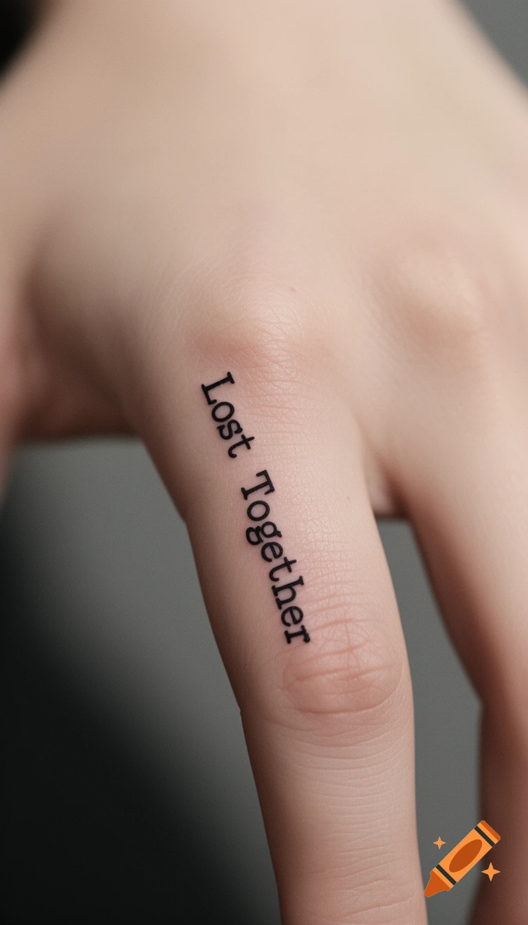 A close-up of a minimalist 'Lost Together' tattoo in typewriter font on the left side of a ring finger.