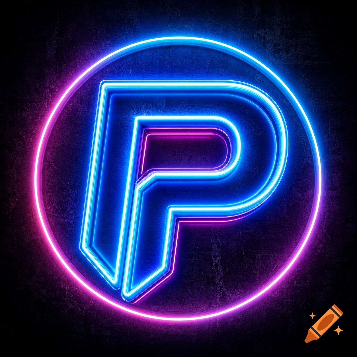Neon blue and pink letter P logo against a dark, textured background.