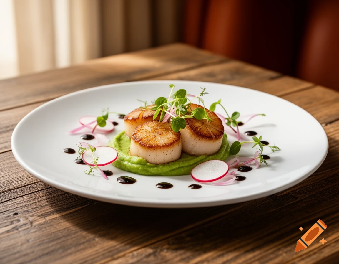 Photorealistic close-up of seared scallops on green puree, garnished with microgreens and radishes on a white plate.